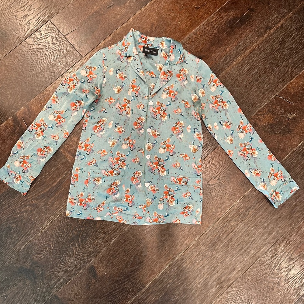 MENG BLUE PAGODA SILK SATIN PYJAMA size 8 made in UK 100% silk